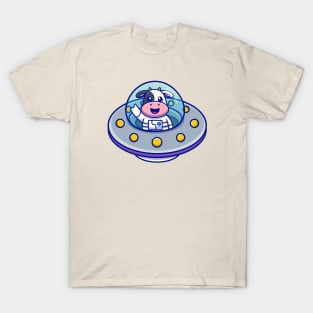 Cute Cow Astronaut in UFO Cartoon T-Shirt